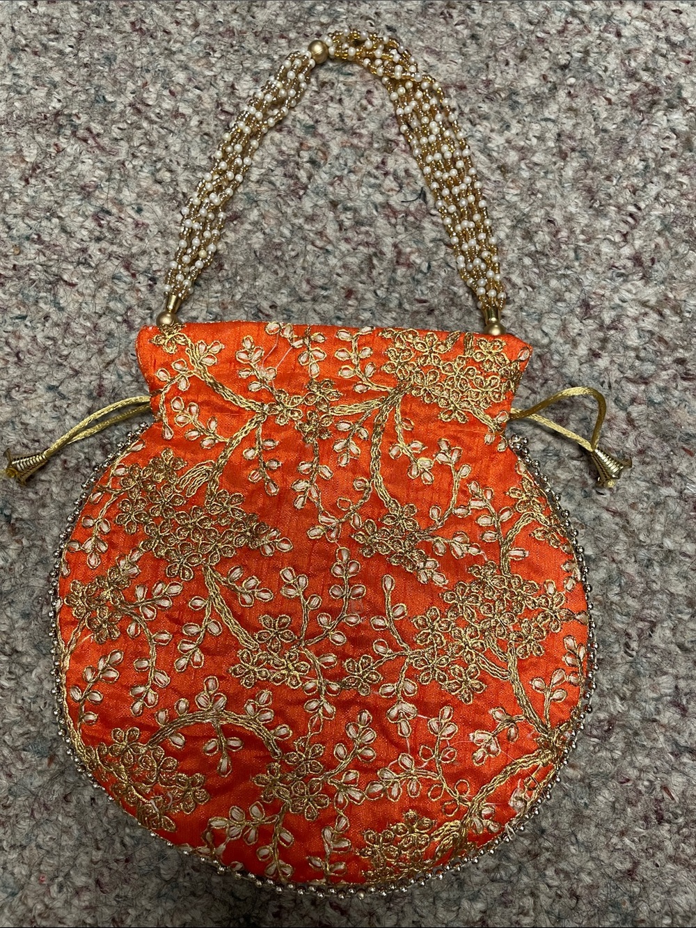 Vintage gold thread Embroidered Orange Drawstring Evening Bag with beaded handle